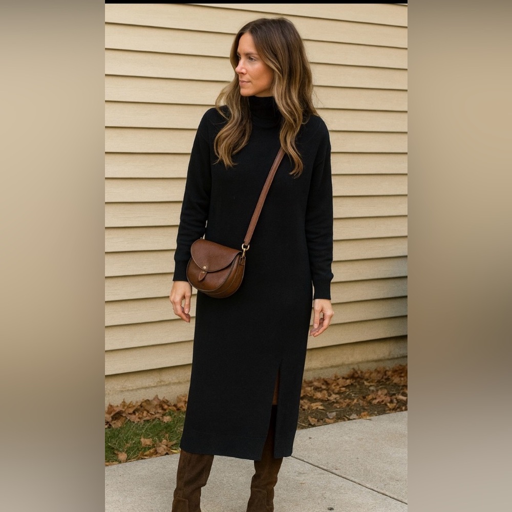Wilfred Oversized Black Turtleneck Sweater Midi Dress, 100% Merino Wool, Size S